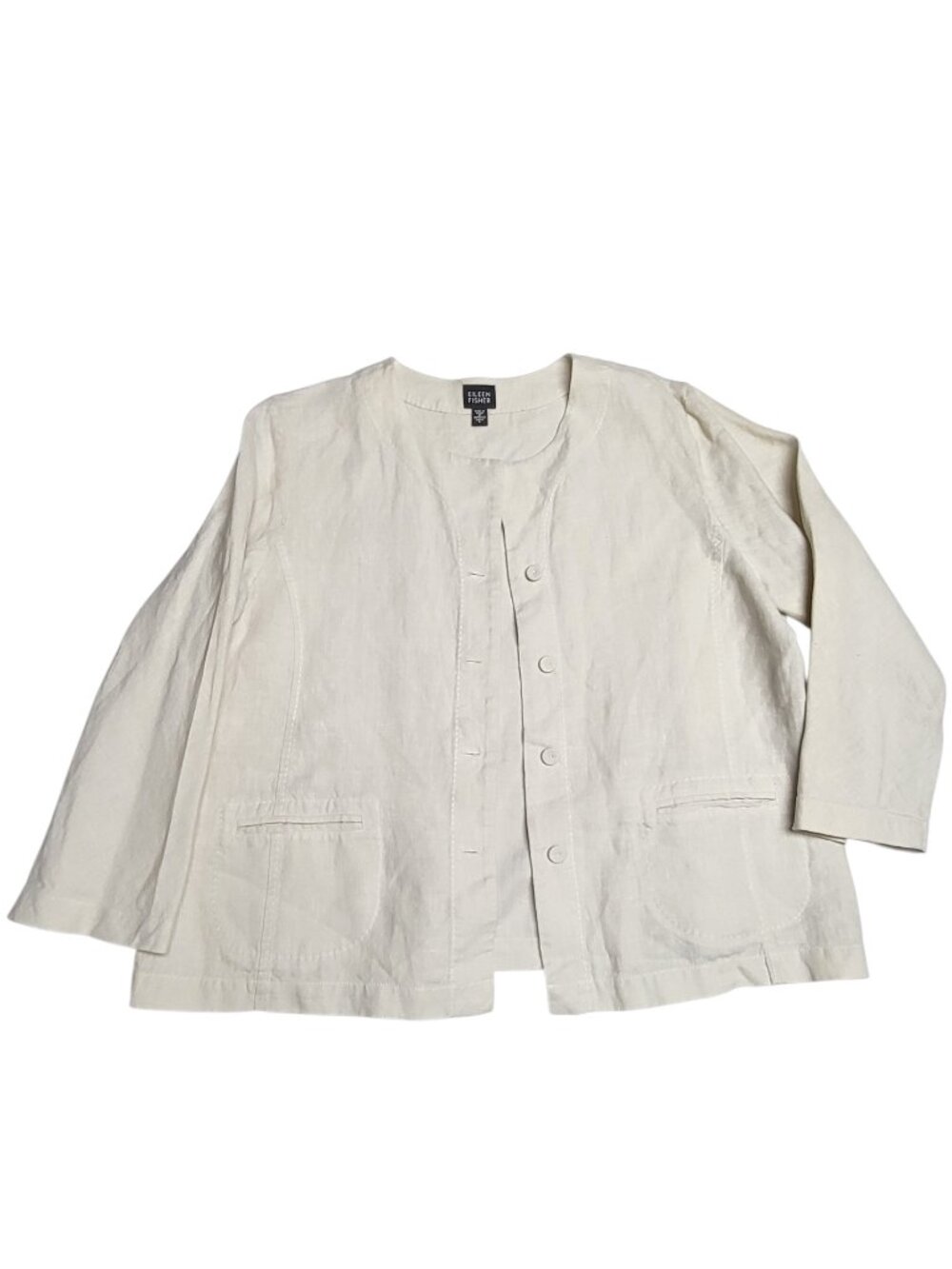 Eileen Fisher 100% Irish Linen Collarless Button-Down Jacket Cream Size Large